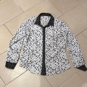 Women’s Black & White Star Print Blouse with Contrast Pattern Trim size M